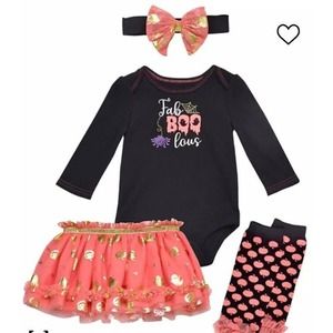 Baby Girls Halloween Bodysuit, Skirt, Headband & Leg Warmers 4pcs Set 3 months